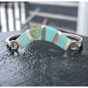 Vintage Sterling Silver Turquoise Inlay Bangle Bracelet Hinged Mexico 7" SW